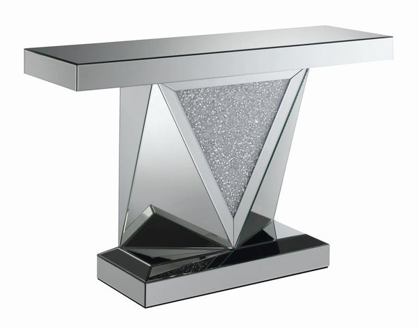 Amore Rectangular Sofa Table with Triangle Detailing Silver and Clear Mirror image